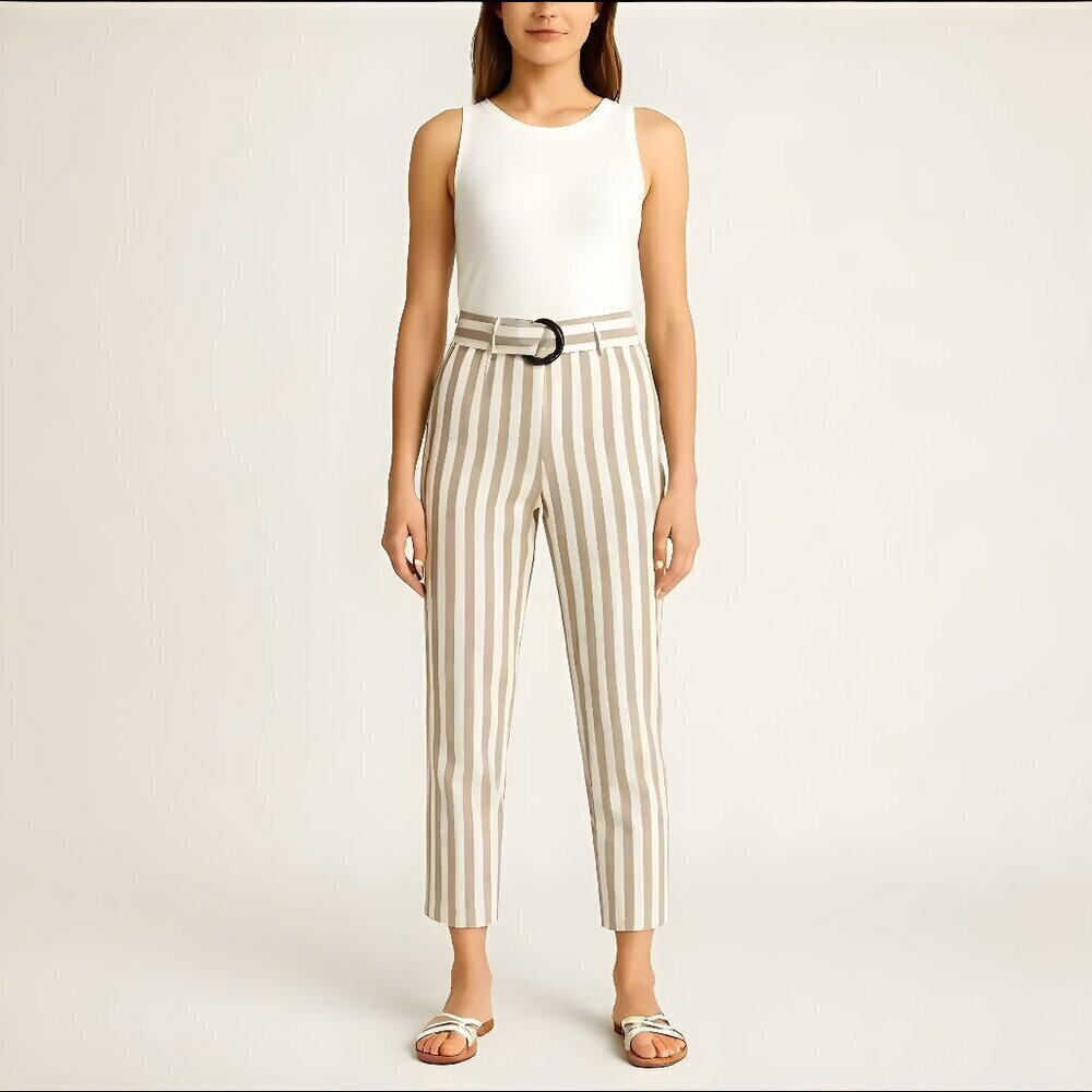 Anthropologie linen blend high rise striped belted tapered pants size 2 tan